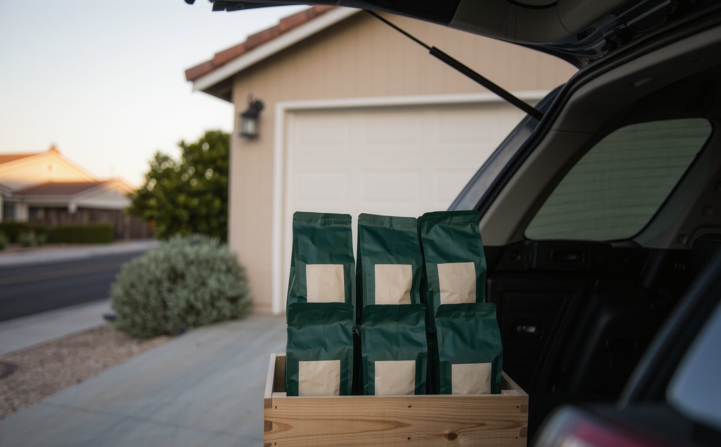A crate of labeled bags in the back of a car on a driveway before sunrise.